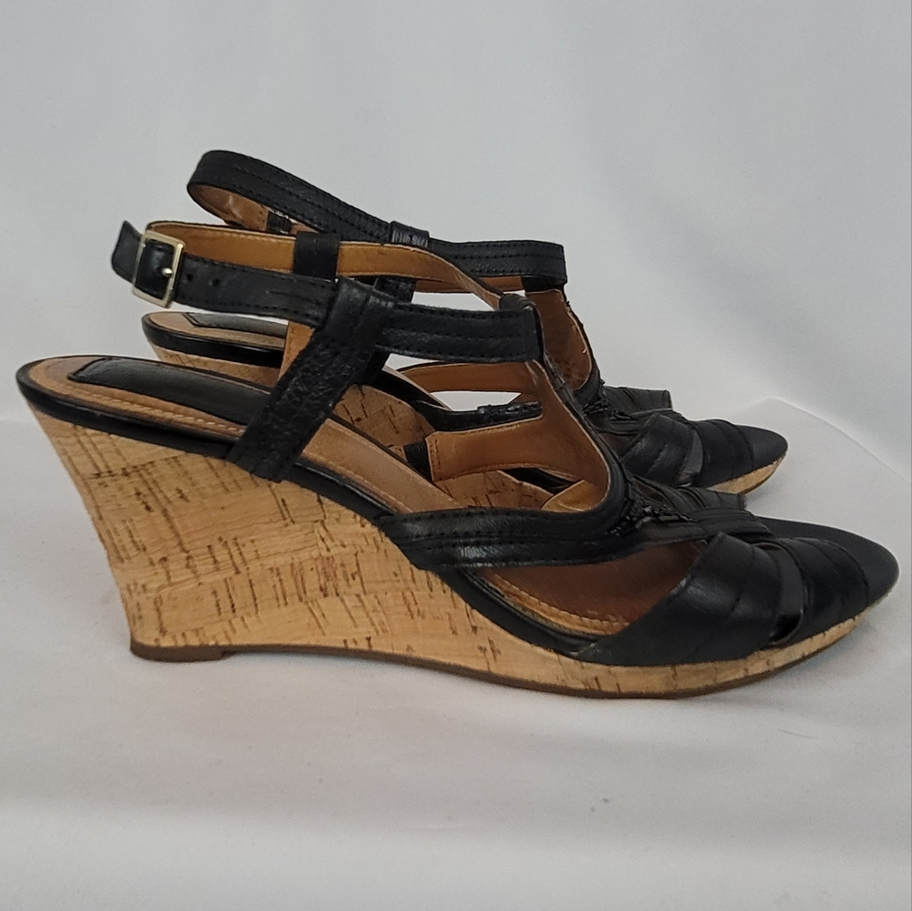 CLARKS Bendables Womens Black Leather Beaded Wedge Sandals Heels